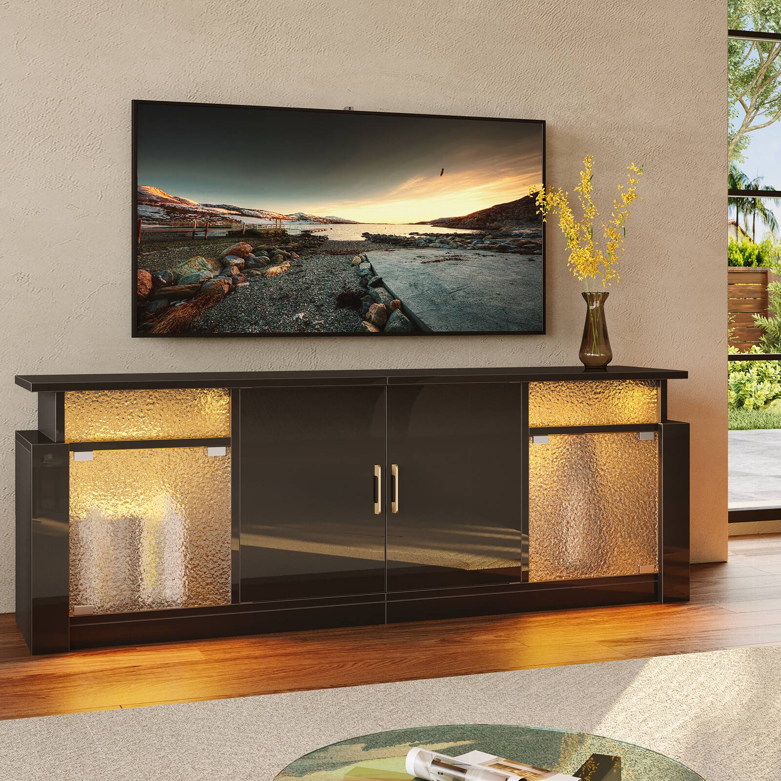 Alt View 1. Bestier - Modern 55-70" TV Stand with RGB LED, spacious storage, adjustable shelves & glossy acrylic doors for living room/bedroom - Black.