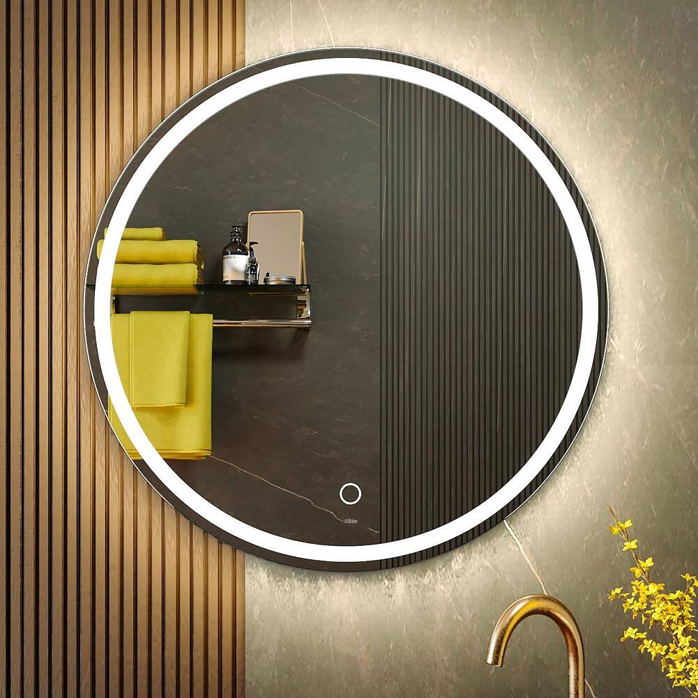 Front. Earthley Blooms - Round Mirror Bathroom Led Lighted Illuminated Dimmable Anti-fog Wall-mounted Makeup Vanity With Lights 23... - Touch Control-32"*32".