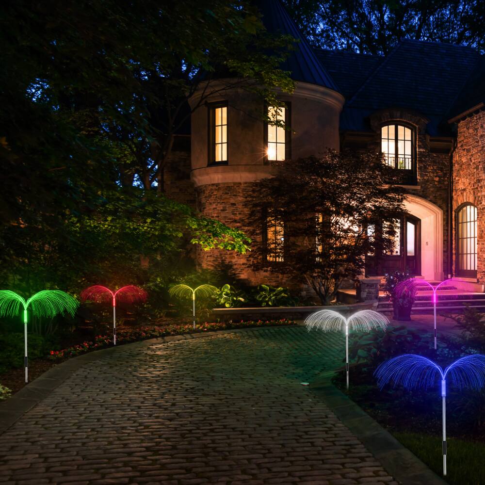 Alt View 1. Oumilen - 5 Pack Remote RGB Fountain Fiber Optic Stake Lights – IP44 Waterproof Outdoor for Garden Lawn Yard.