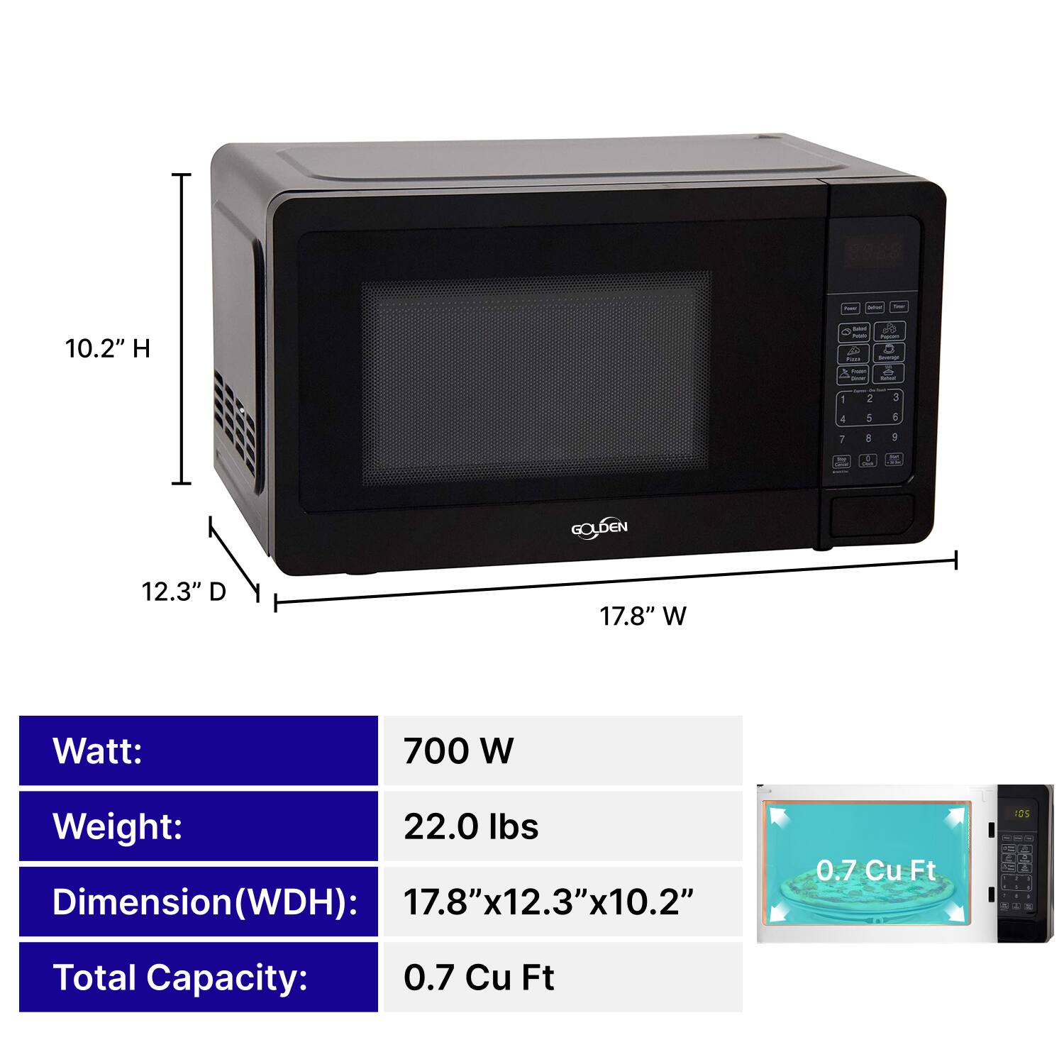 9838  
- 10.2" H  
- 1 - A  
- 1 & 1 2 5 1 3 5  
- GOLOEN  
- 12.3" D  
- 17.8" W  
- Watt: 700 W  
- Weight: 22.0 lbs  
- Dimension(WDH): 17.8"x12.3"x10.2"  
- 0.7 Cu Ft  
- IDS  
- Total Capacity: 0.7 Cu Ft