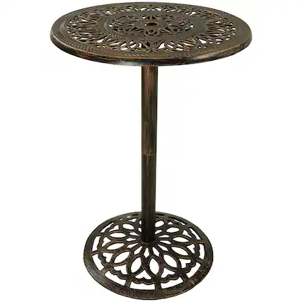 Front. Sunnydaze - 26 in Cast Iron Round Patio Bar-Height Table - Bronze.