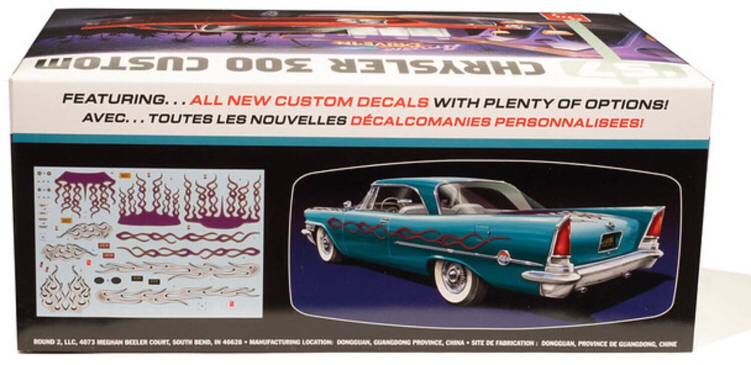 CUSTOM 300 CHRYSLER  
FEATURING... ALL NEW CUSTOM DECALS WITH PLENTY OF OPTIONS!  
AVEC... TOUTES LES NOUVELLES DÉCALCOMANIES PERSONNALISÉES!  

ROUND 2, LLC.  
4073 MEGHAN BEELER COURT, SOUTH BEND, IN 46628  
MANUFACTURING LOCATION: DONGGUAN, GUANGDONG PROVINCE, CHINA  
SITE DE FABRICATION: DONOGGAN, PROVINCE DE CHINE GUANGDONG