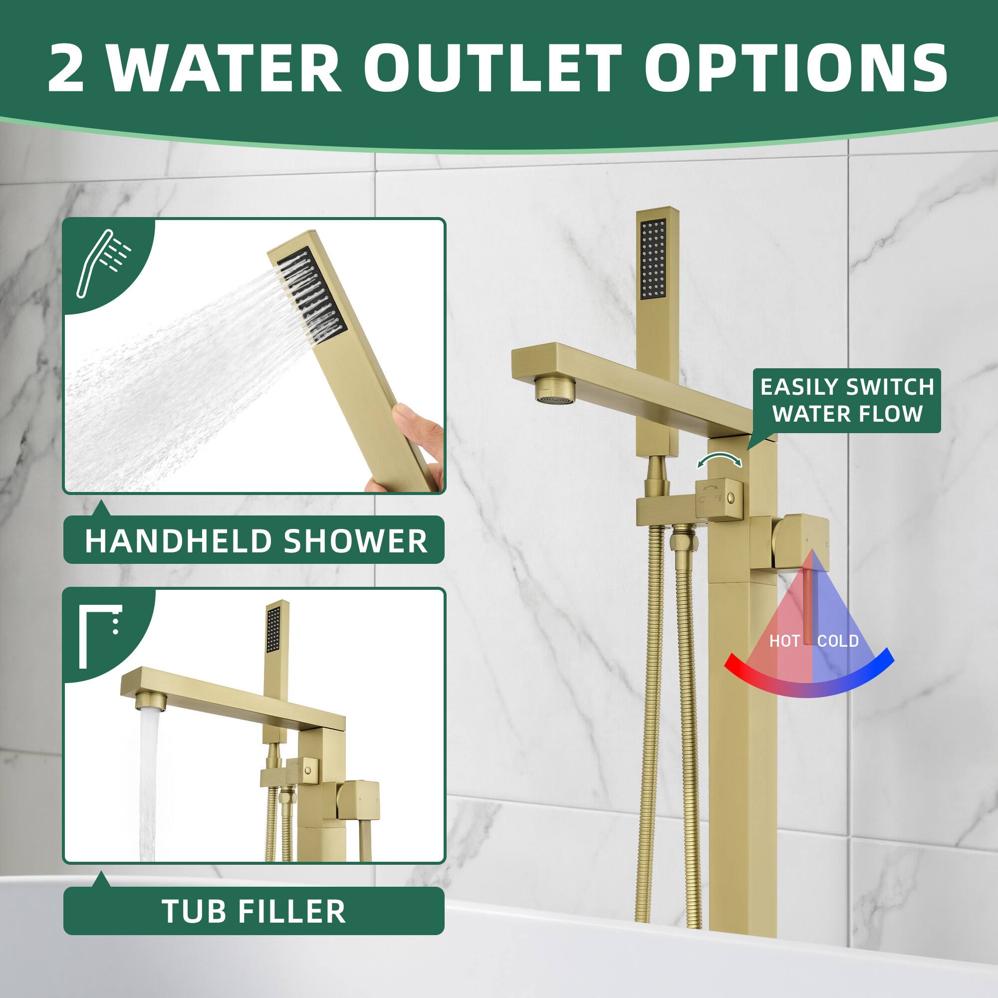 2 WATER OUTLET OPTIONS

EASILY SWITCH WATER FLOW

HANDHELD SHOWER

TUB FILLER

HOT COLD
