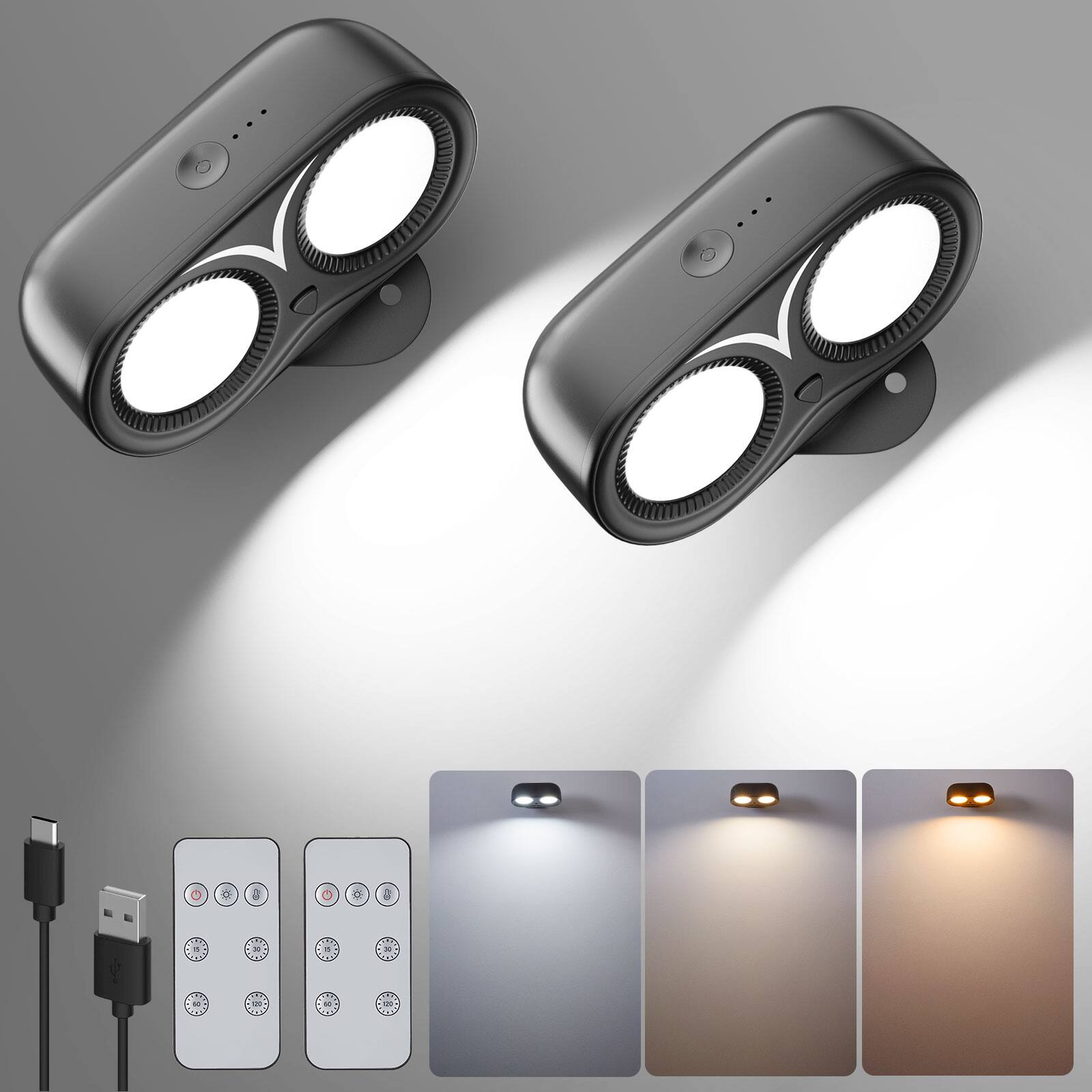 Front. IMAGE - 2 Pack Dual Cylinder LED Wall Lights 360° Rotatable Design - Black.