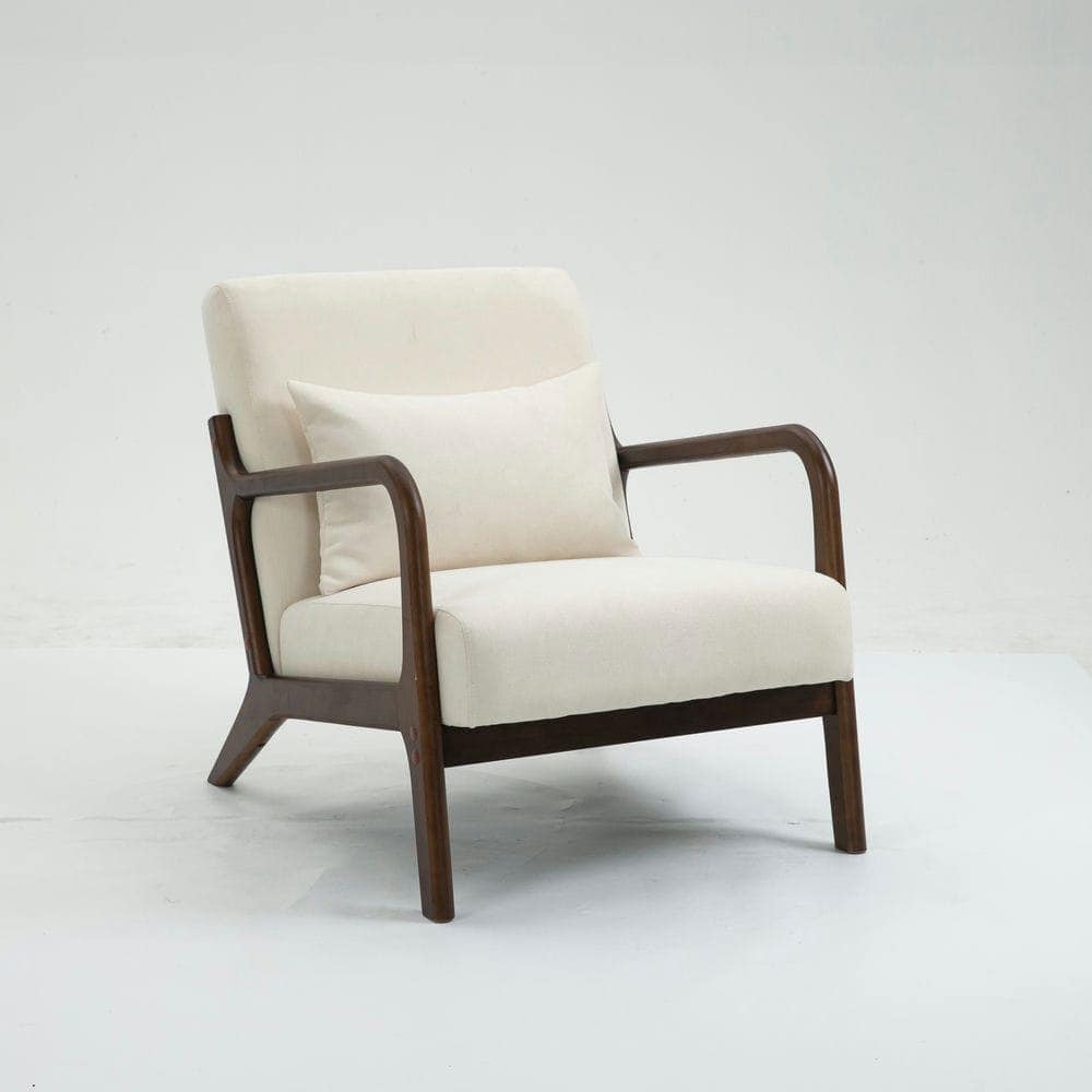 Resenkos - Mid Century Modern Accent Chair with Wood Frame & Waist Cushion, Upholstered Reading Armchair for Living Room, White - White