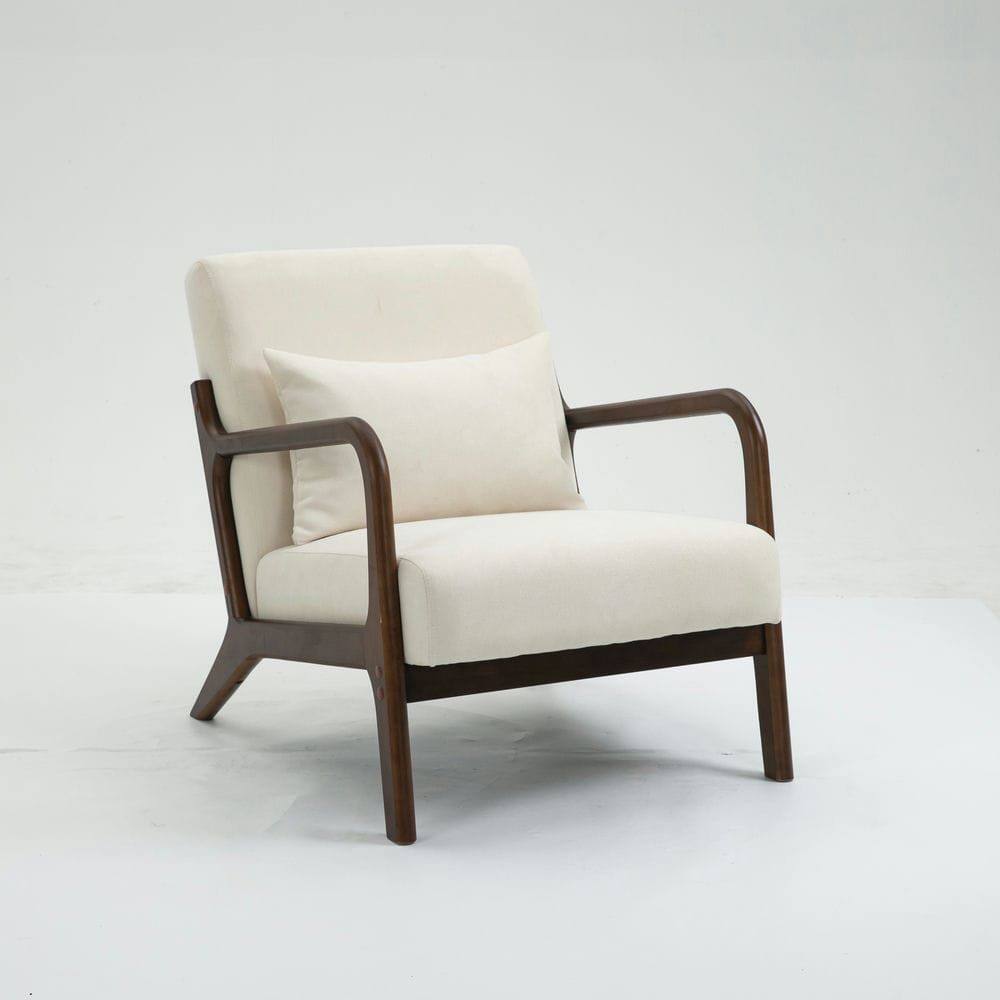 Front. Resenkos - Mid Century Modern Accent Chair with Wood Frame & Waist Cushion, Upholstered Reading Armchair for Living Room, White - White.