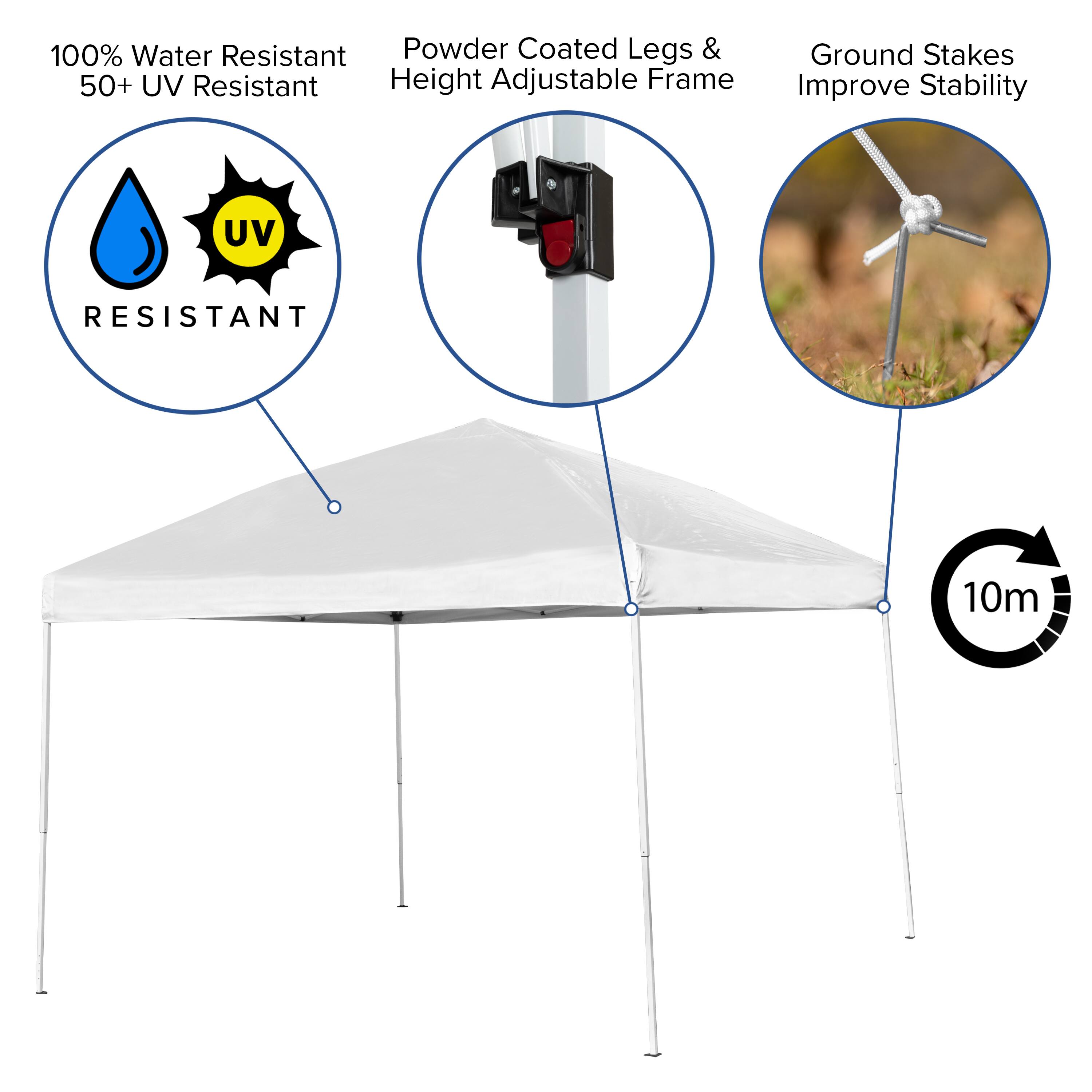 100% Water Resistant  
50+ UV Resistant  

Powder Coated Legs & Height Adjustable Frame  

Ground Stakes Improve Stability  

10m