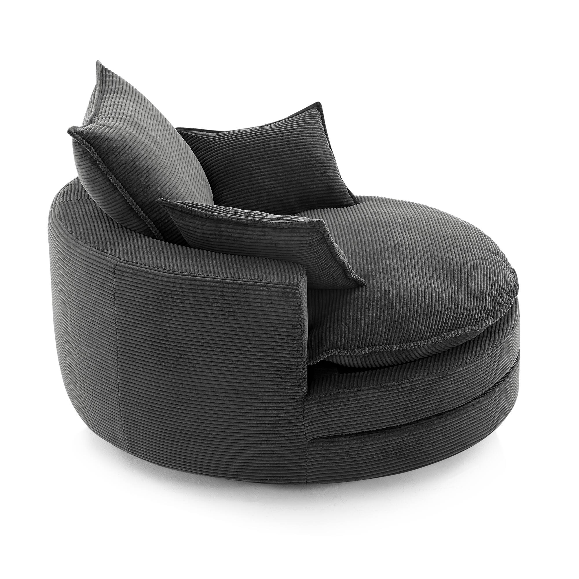 Left. Whisen - 57.5" Oversized Swivel Sofa Accent Barrel Chair with Dual-Layer Cushion and 3 Removable Pillows - Black.