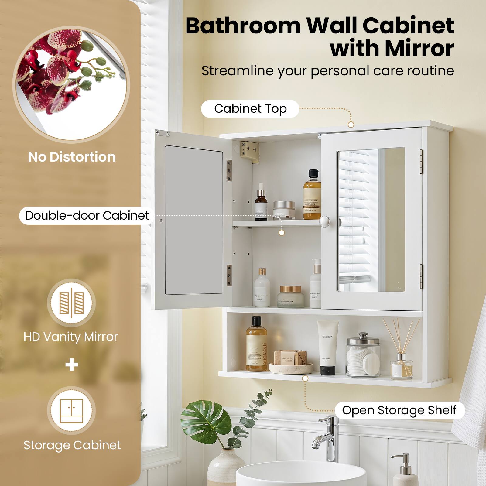 Bathroom Wall Cabinet with Mirror  
Streamline your personal care routine

- Cabinet Top
- No Distortion
- Double-door Cabinet
- HD Vanity Mirror
- Open Storage Shelf
- Storage Cabinet