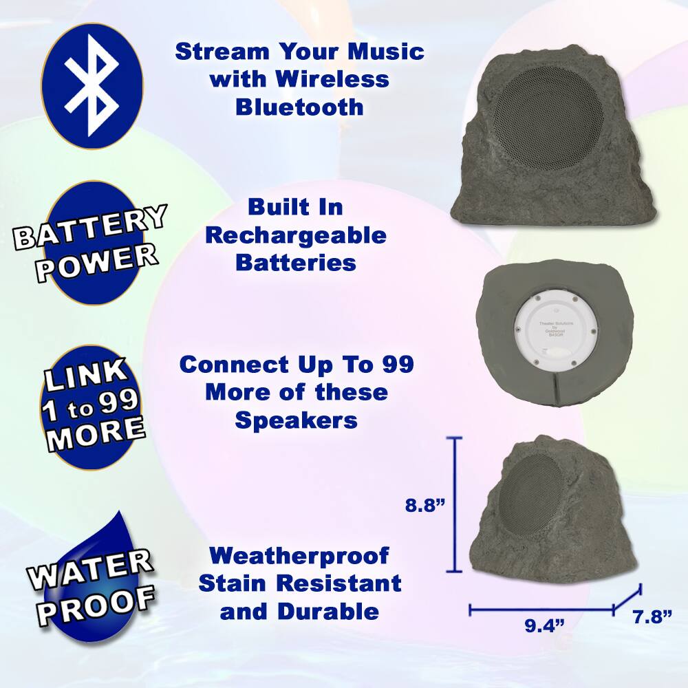 - Stream Your Music with Wireless Bluetooth
- Built In Rechargeable Batteries
- Connect Up To 99 More of these Speakers
- Weatherproof Stain Resistant and Durable
- BATTERY POWER
- LINK 1 to 99 MORE
- WATER PROOF

Dimensions:
- 8.8" (height)
- 9.4" (width)
- 7.8" (depth)