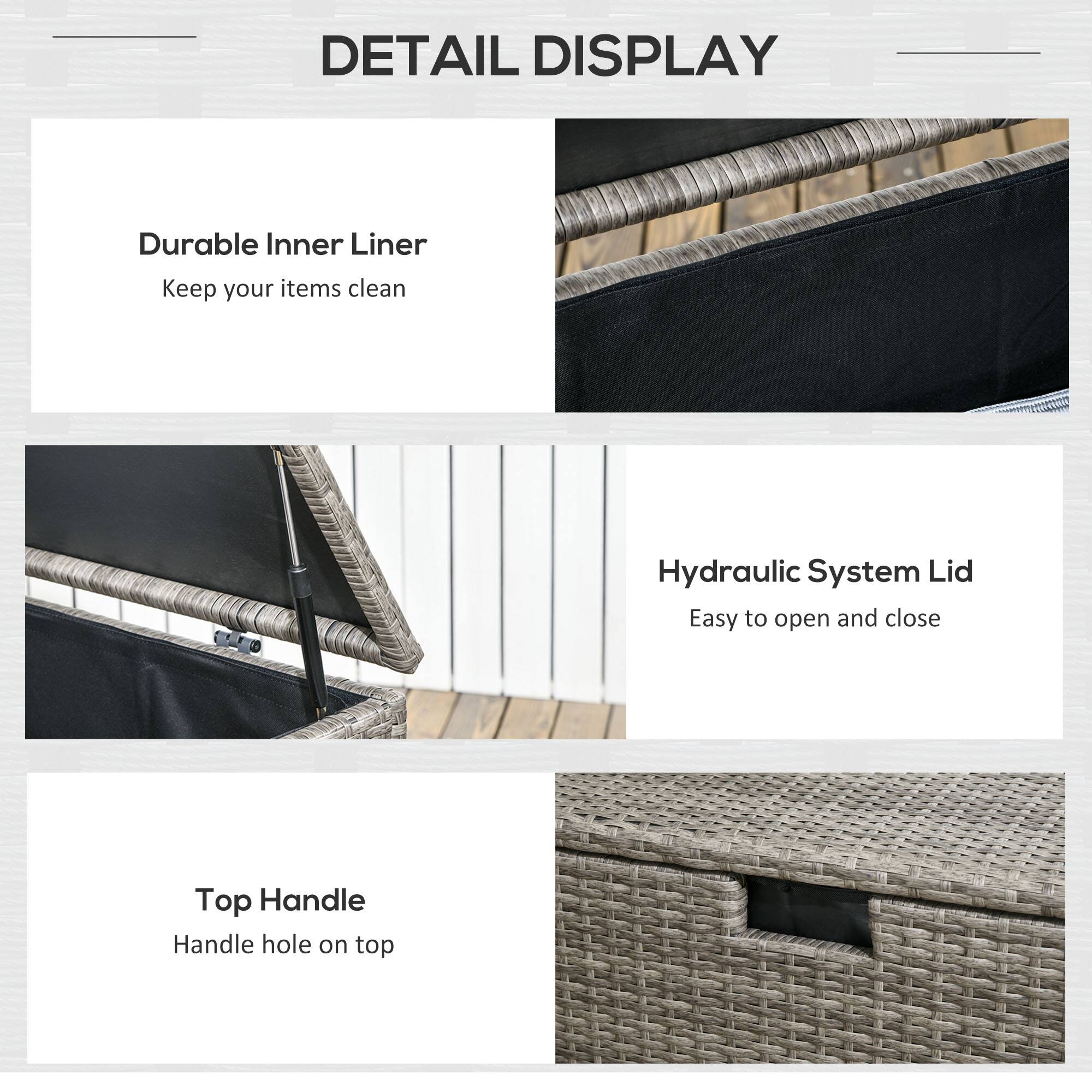 DETAIL DISPLAY

Durable Inner Liner
Keep your items clean

Hydraulic System Lid
Easy to open and close

Top Handle
Handle hole on top