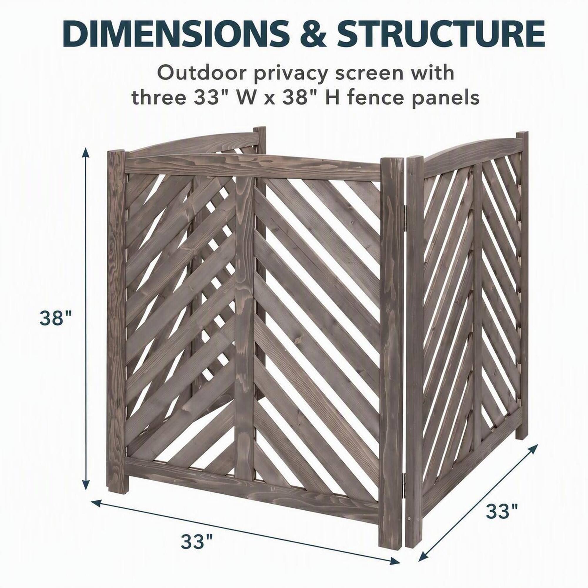 DIMENSIONS & STRUCTURE  
Outdoor privacy screen with three 33" W x 38" H fence panels  
38"  
33"  
33"