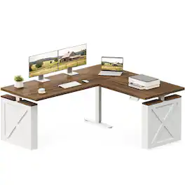 OffiGo - Farmhouse L-Shaped Electric Standing Desk with Decorative Legs, Height Adjustable Sit-Stand Workstation for Home Office - Walnut/White
