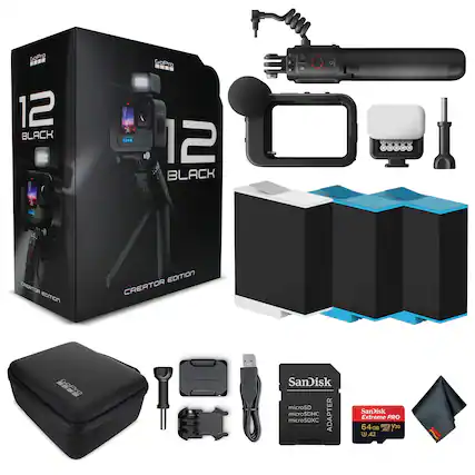 Gopro 12 Black - Creator Edition
- SanDisk microSD microSDHC microSDXC Adapter
- SanDisk Extreme PRO 64GB V30 A2
Included Accessories:
- Microphone
- Tripod
- Mounts
- USB Cable
- Lens Cleaning Cloth
- Carrying Case