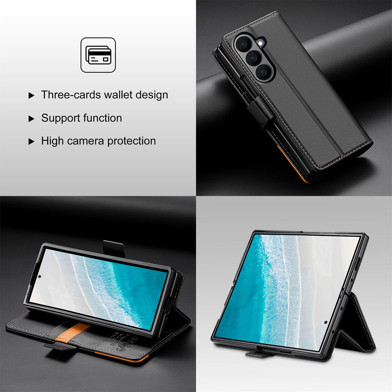 Three-cards wallet design  
Support function  
High camera protection