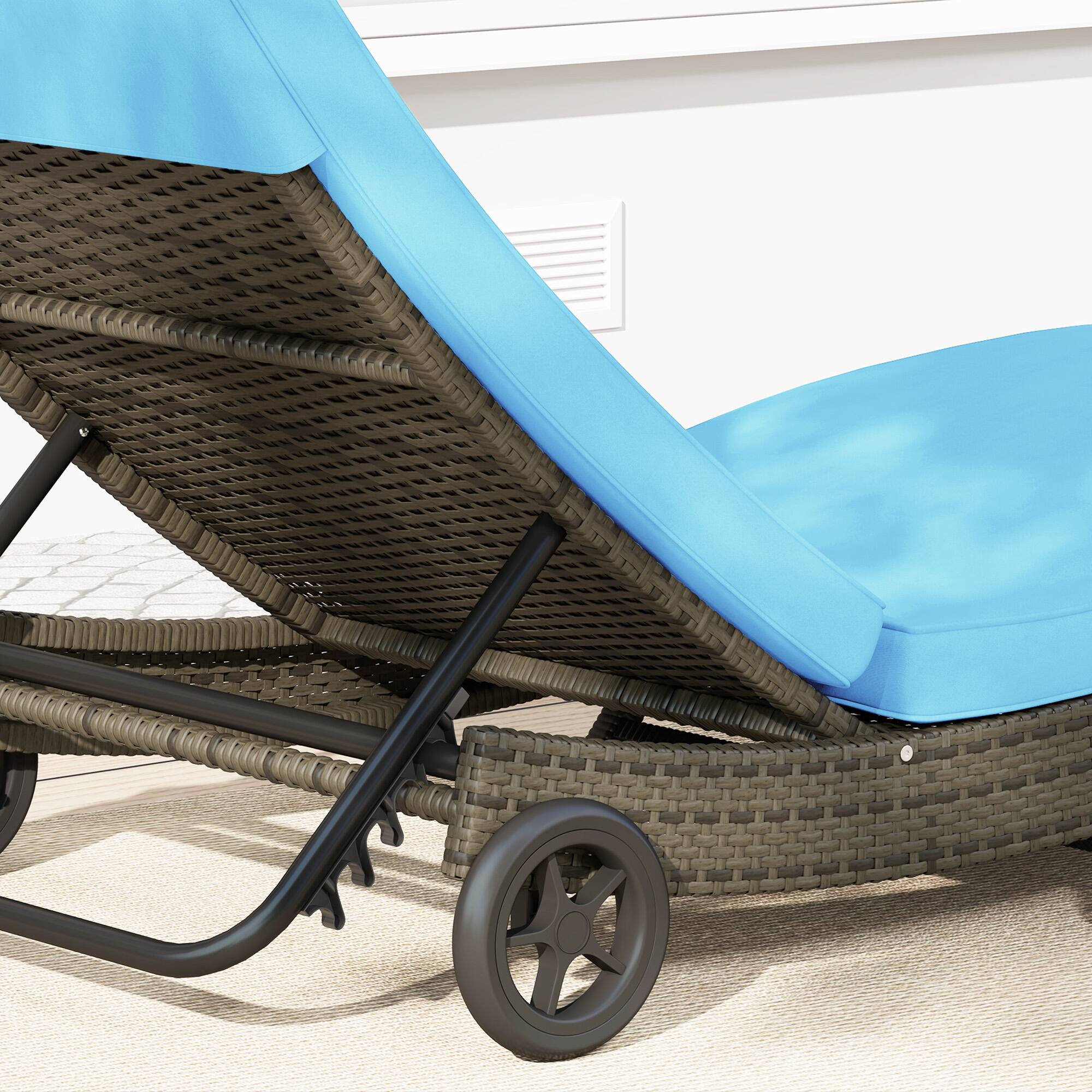 Alt View 8. Outsunny - Wicker Chaise Lounge Chair Outdoor with Wheels & Cushion, PE Rattan Patio Lounge Chair with 5-Level Adjustable Backrest - Sky Blue.
