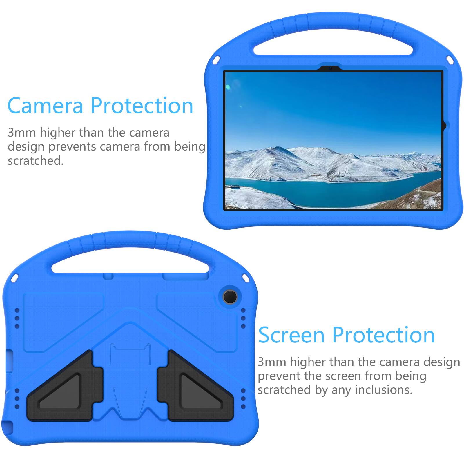 Camera Protection  
3mm higher than the camera design prevents camera from being scratched.  

Screen Protection  
3mm higher than the camera design prevent the screen from being scratched by any inclusions.