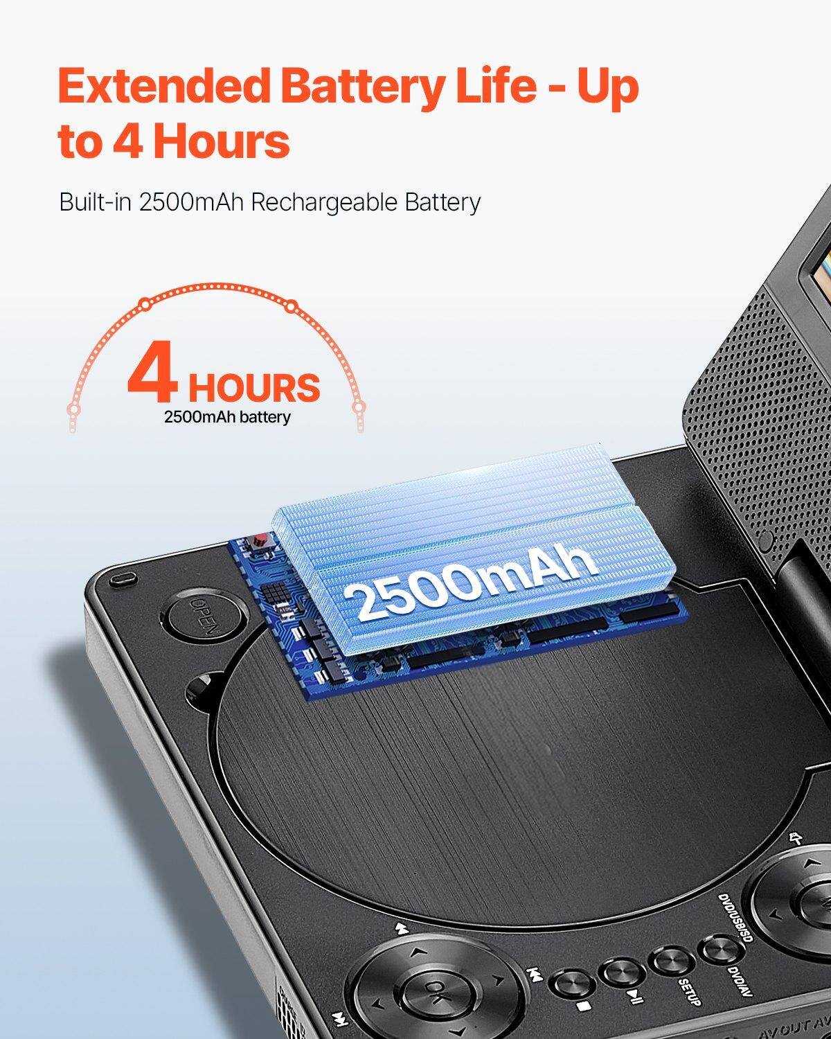 Extended Battery Life - Up to 4 Hours  
Built-in 2500mAh Rechargeable Battery  

4 HOURS  
2500mAh battery