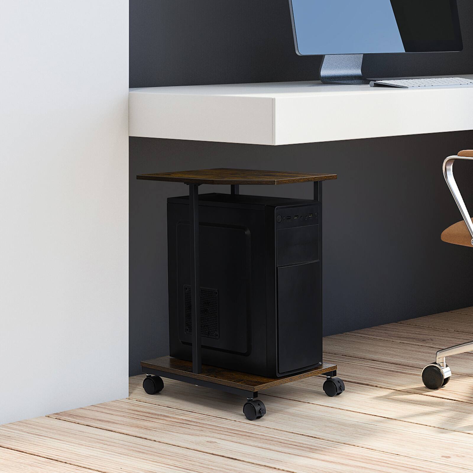 Alt View 1. Oumilen - Rustic Brown 2-Tier Rolling CPU Stand with Wheels - Brown.
