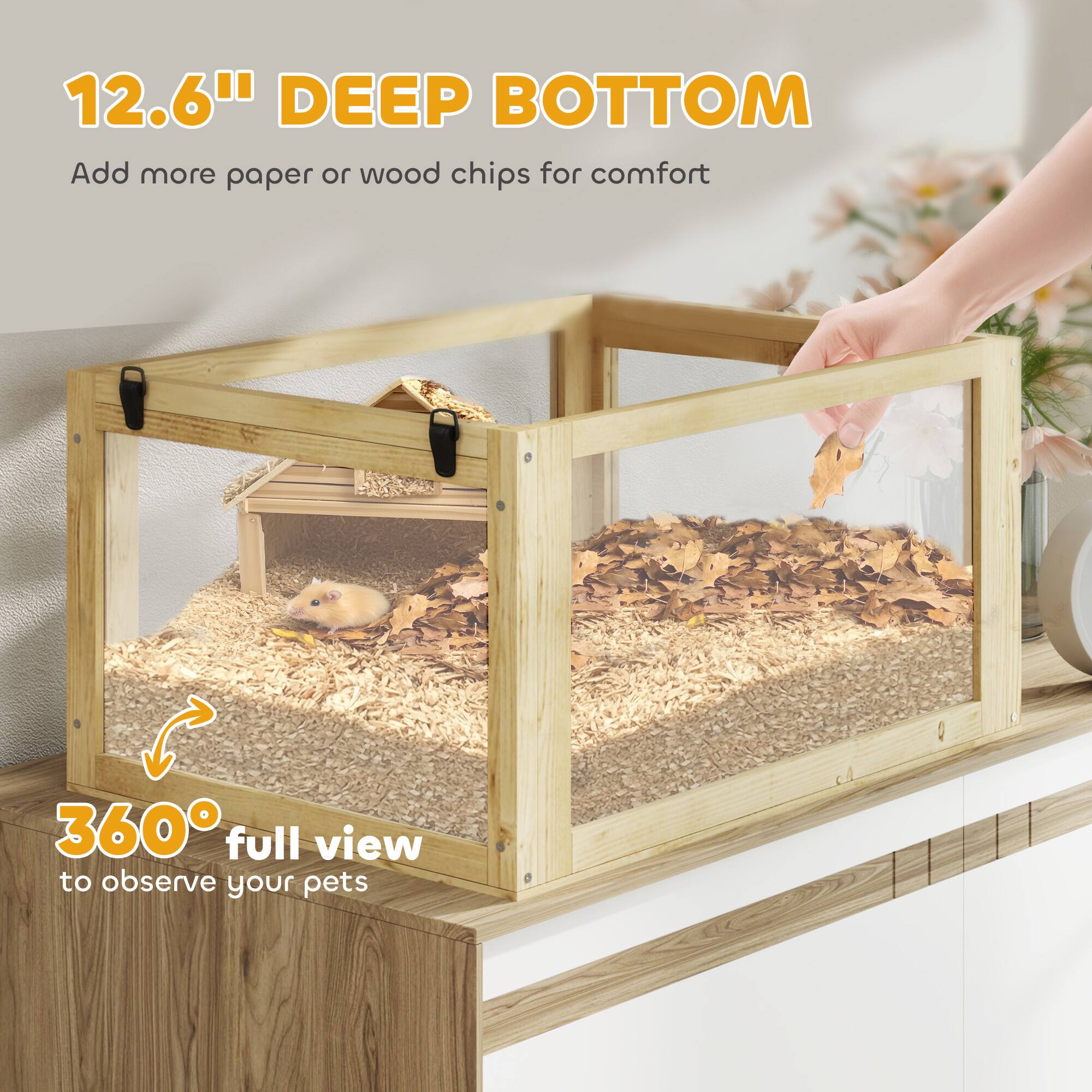 12.6" DEEP BOTTOM  
Add more paper or wood chips for comfort  

360° full view  
to observe your pets