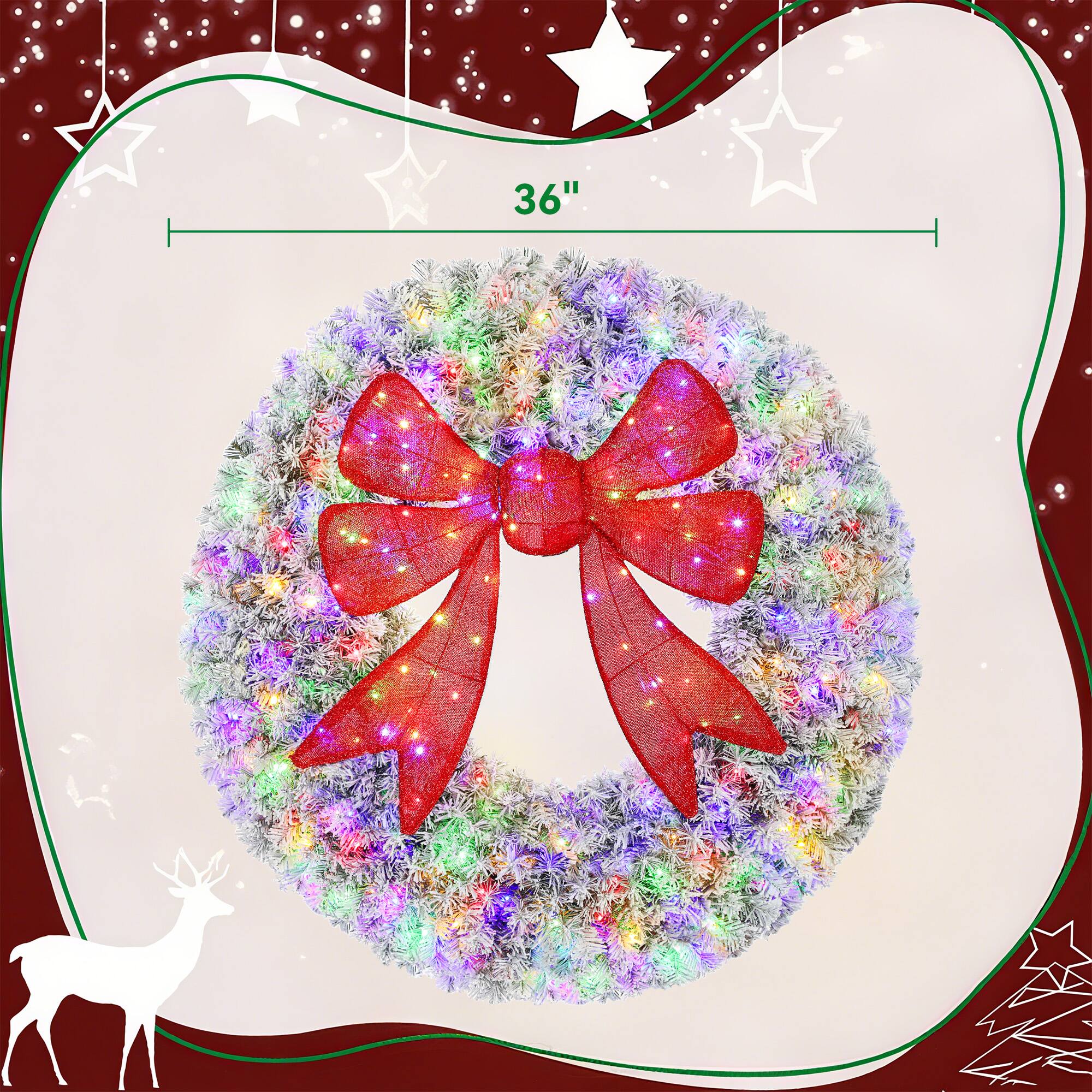 Alt View 2. Homcom - 36in Flocked Pre-Lit Xmas Wreath, 3D Red Bow, 11 Modes, Remote, 140 LEDs, 300 Tips, Indoor Outdoor - Green.