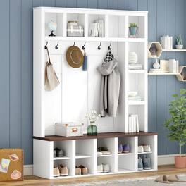 Whisen - 76.7-Inch Hall Tree with Storage Bench, 4-in-1 Entryway Organizer with Adjustable Shelves - White