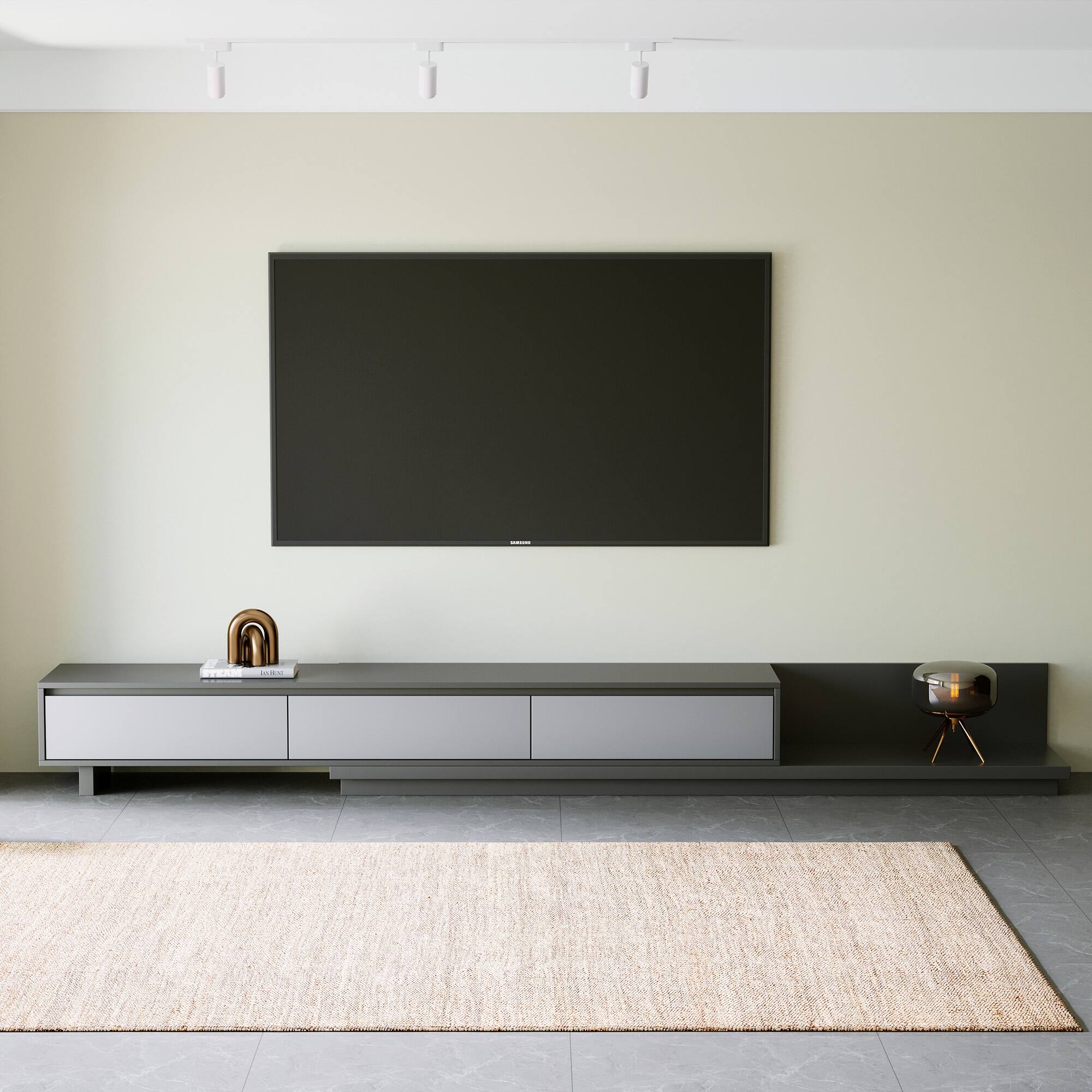 Left. luck idea - 78.7-Inch Expandable TV Stand (Max Width 141.7") - 3 Storage Drawers - Gray.