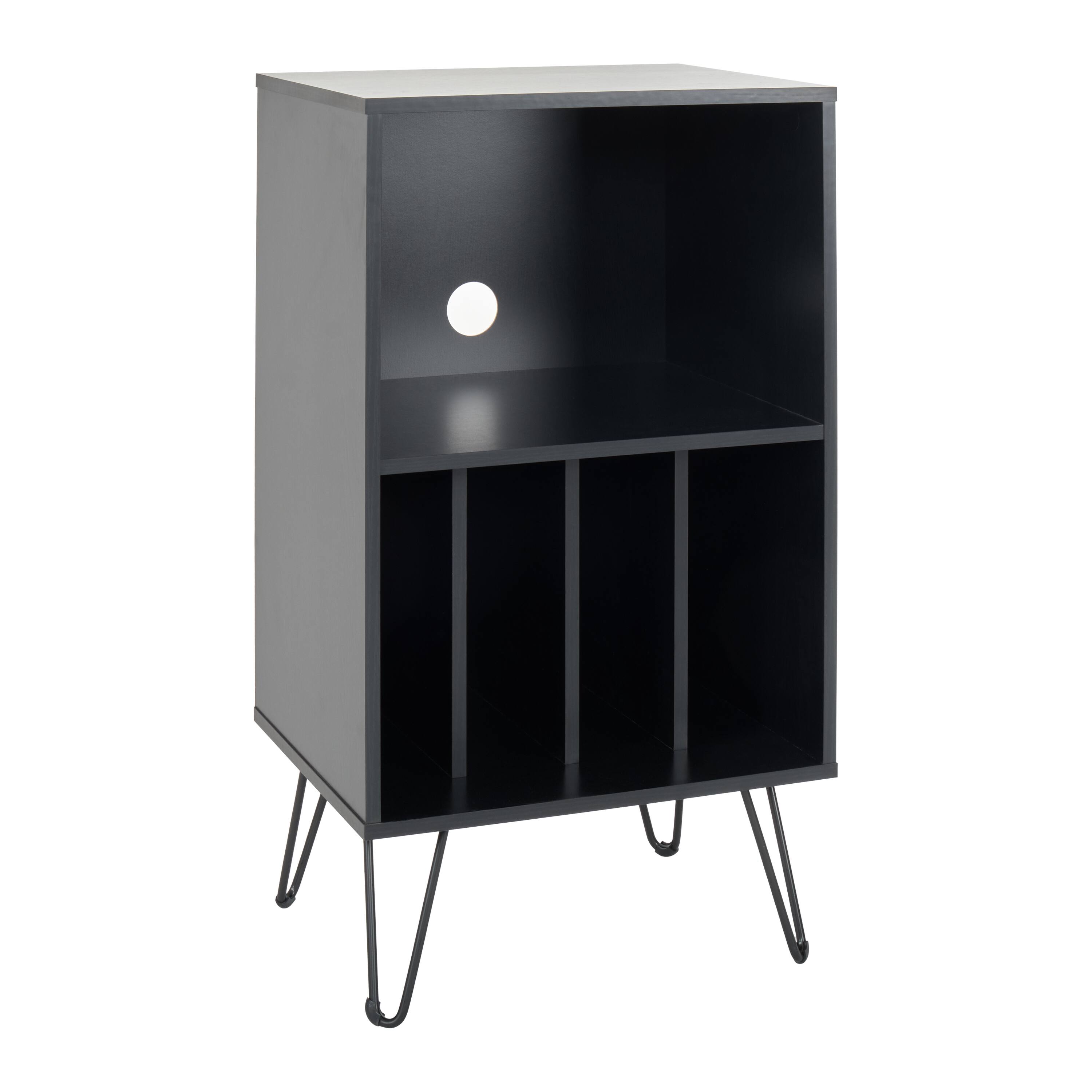 Angle. CorLiving - CorLiving Vintora Black Engineered Wood Open Shleved Turntable Media Stand - Black Ravenwood.