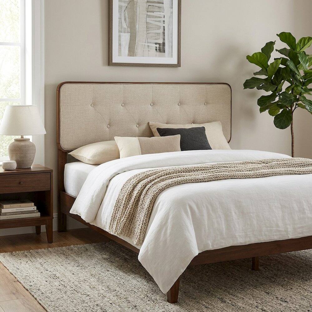 Left. FurniFact - Tufted Fabric Full Headboard with Wood Frame and Classic Design - Brown.