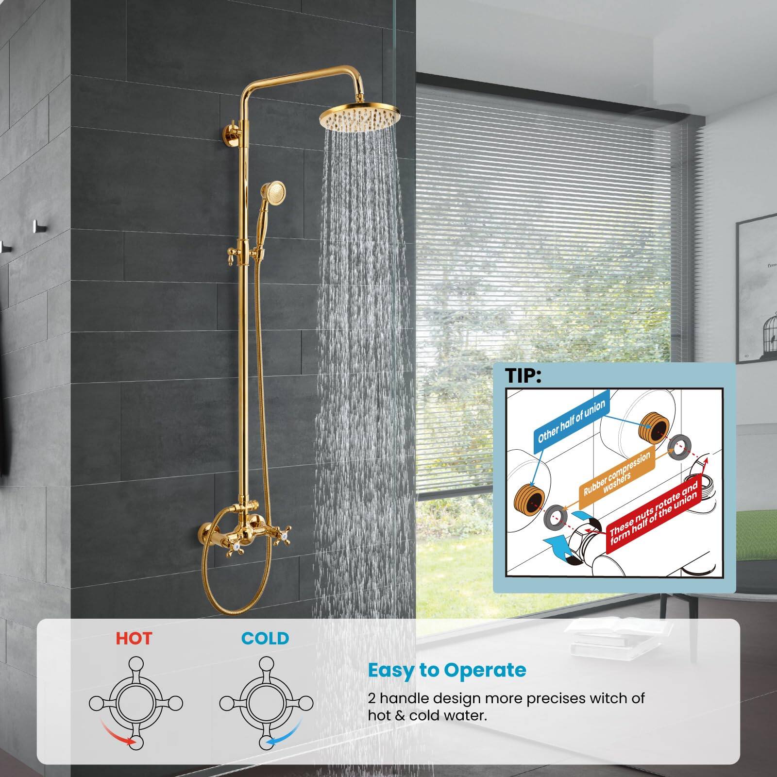 TIP:  
- Other half of union  
- Rubber compression washers  
- These nuts rotate and form half of the union  

Easy to Operate  
2 handle design more precise switch of hot & cold water.
