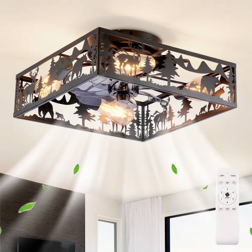 Left. LUCKY ONE - 20" Square Flush Mount Ceiling Fan with Light Remote 6-Speed DC Motor - Matte Black.