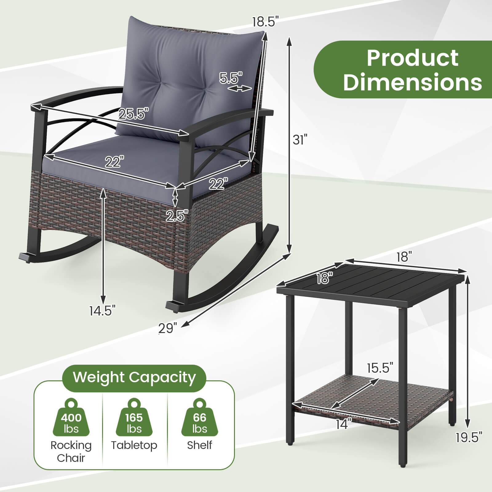 Product Dimensions  
18.5" x 25.5" x 31"  
22" x 22" x 14.5" x 29"  
18" x 18" x 15.5" x 19.5"  

Weight Capacity  
400 lbs (Rocking Chair)  
165 lbs (Tabletop)  
66 lbs (Shelf)