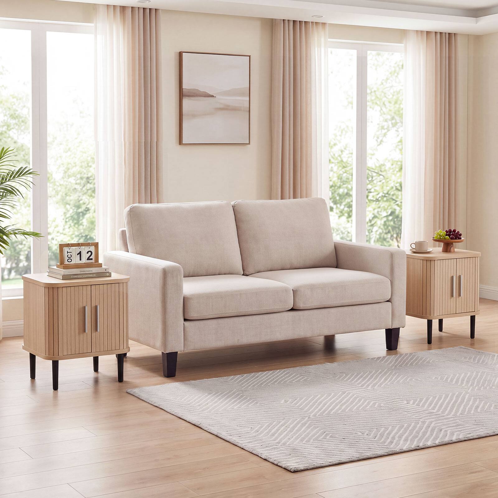 Alt View 1. Costway - Costway 2 PCS Fluted Nightstand with Sliding Doors, Adjustable Shelf for Living Room - Natural.