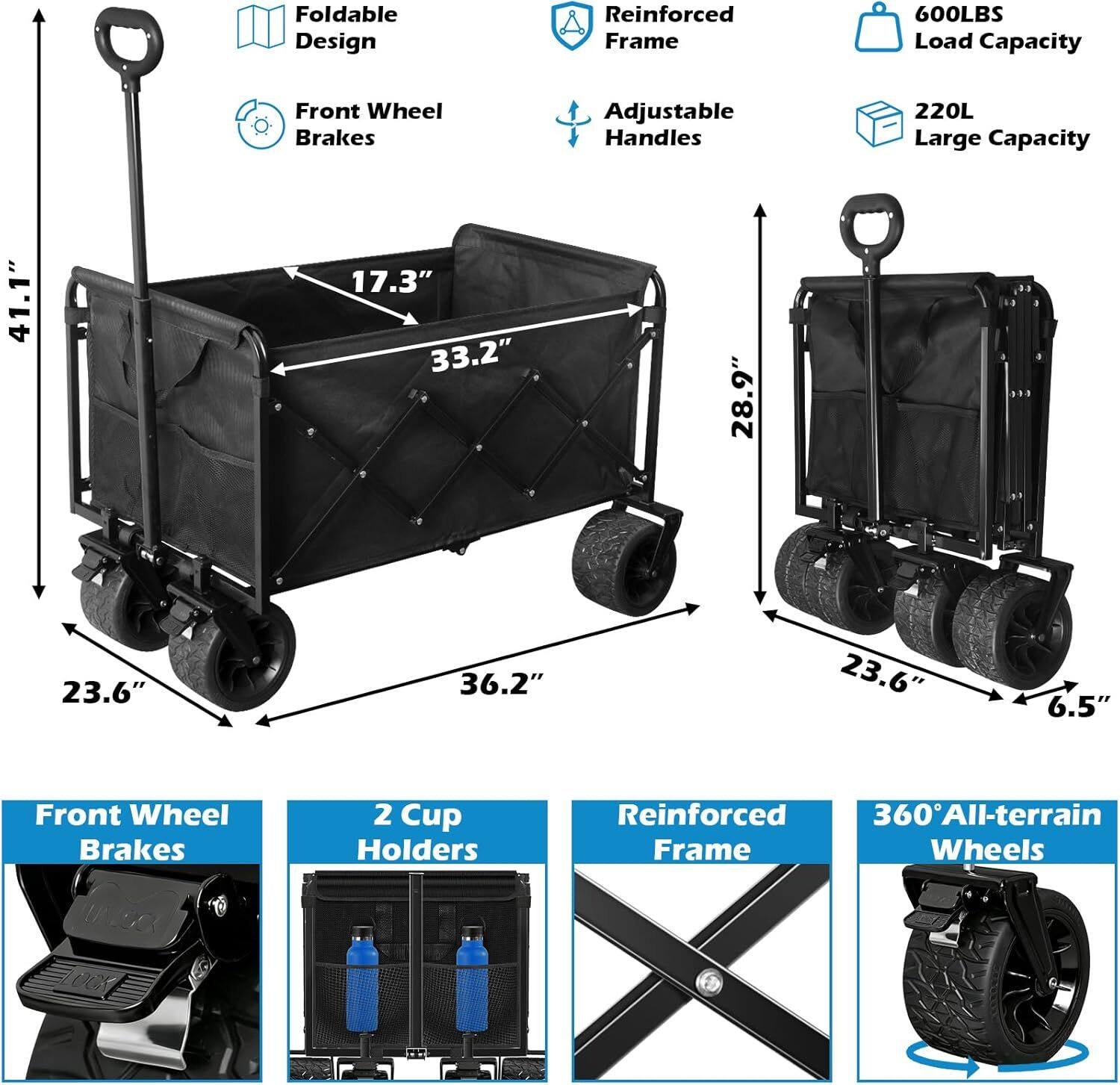 Foldable Design  
Reinforced Frame  
600LBS Load Capacity  
Front Wheel Brakes  
Adjustable Handles  
220L Large Capacity  
41.1" x 17.3" x 33.2" x 28.9" x 23.6" x 36.2" x 23.6" x 6.5"  
Front Wheel Brakes  
2 Cup Holders  
Reinforced 360° All-terrain Frame Wheels
