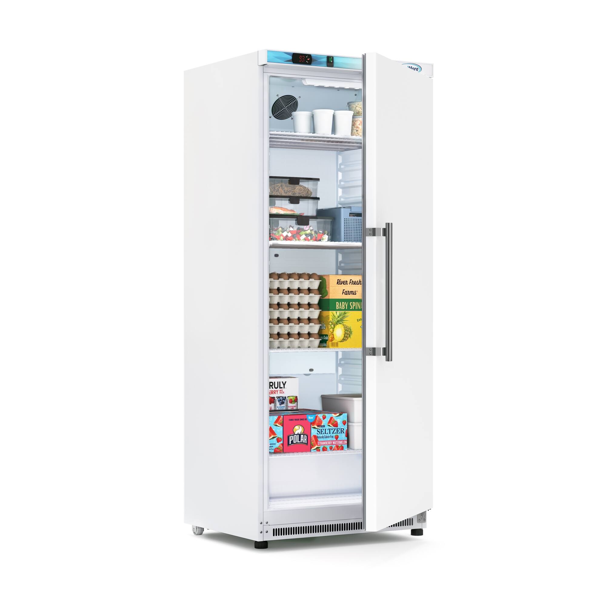 The image shows a white refrigerator with a variety of items inside. The refrigerator is filled with food, including eggs, and has a few drinks stored in it. There are also some fruits, such as bananas, and a cup placed inside. The refrigerator is open, revealing the contents and their organization.