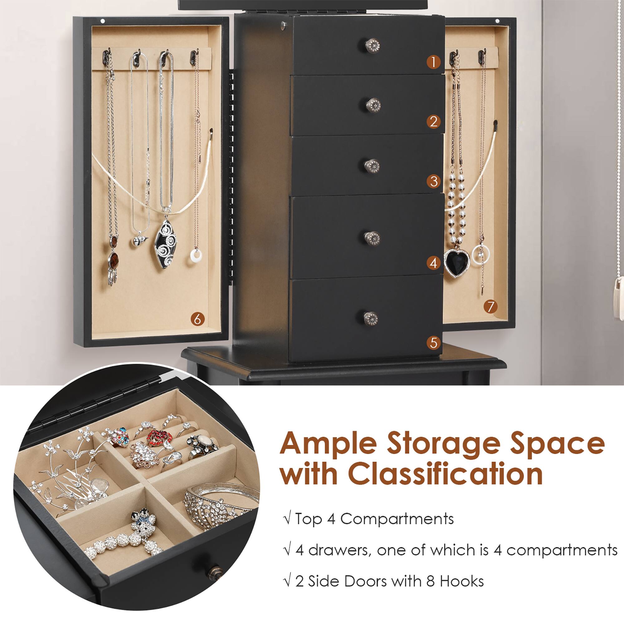 Ample Storage Space with Classification: Top 4 Compartments, 4 Drawers, One of Which is 4 Compartments, 2 Side Doors with 8 Hooks.