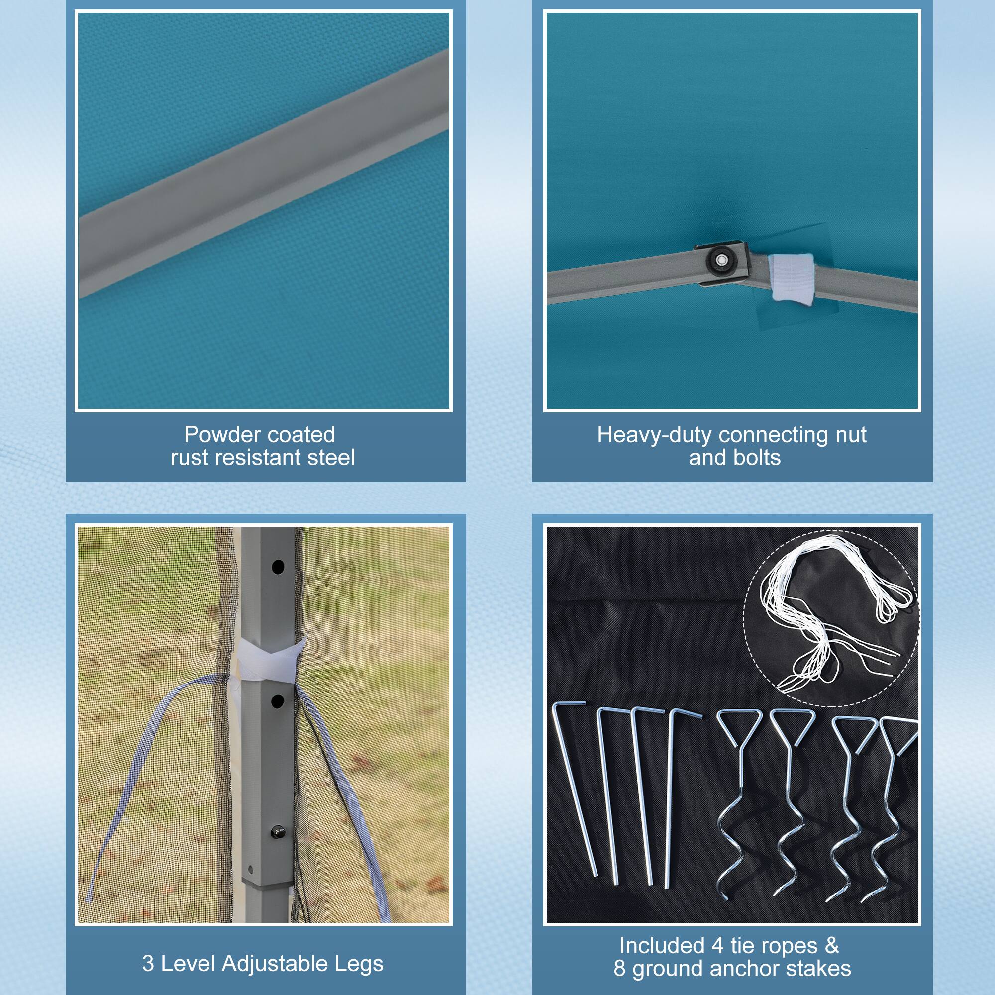 Powder coated rust resistant steel, Heavy-duty connecting nut and bolts, 3 Level Adjustable Legs, Included 4 tie ropes & 8 ground anchor stakes