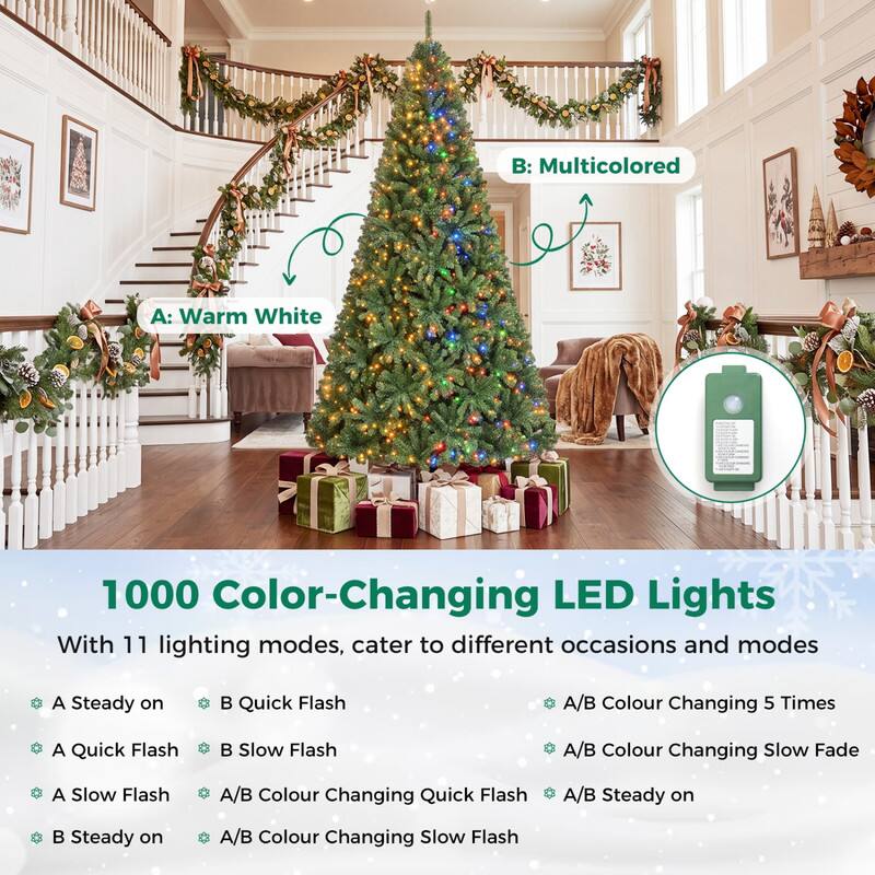 A: Warm White  
B: Multicolored  

1000 Color-Changing LED Lights With 11 lighting modes, cater to different occasions and modes  

- A Steady on  
- B Quick Flash  
- A Quick Flash  
- B Slow Flash  
- A Slow Flash  
- A/B Colour Changing 5 Times  
- A/B Colour Changing Slow Fade  
- A/B Colour Changing Quick Flash  
- A/B Steady on  
- B Steady on  
- A/B Colour Changing Slow Flash