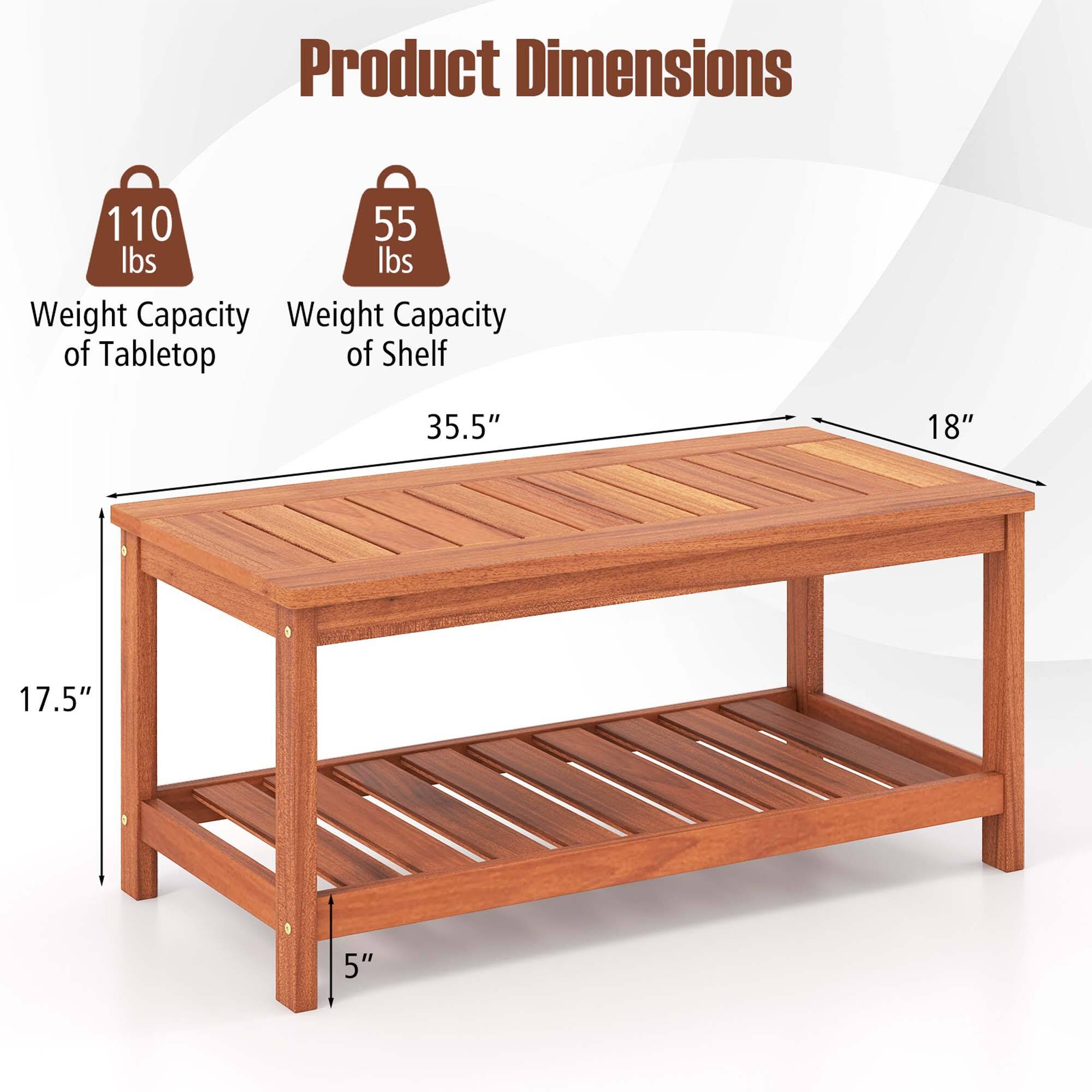 Product Dimensions

Weight Capacity of Tabletop: 110 lbs

Weight Capacity of Shelf: 55 lbs

Dimensions:
- Length: 35.5"
- Width: 18"
- Height: 17.5"
- Shelf Height: 5"