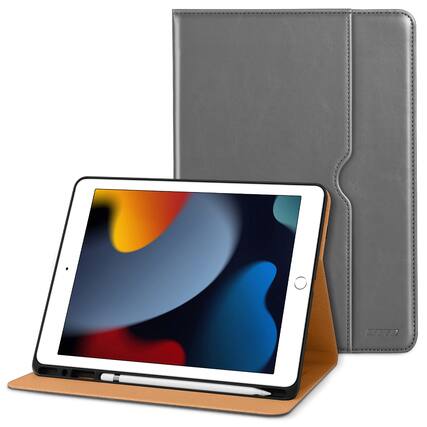 Front. DTTO - Case for iPad 9th/8th/7th Generation 10.2 Inch 2021/2020/2019, Premium Leather Folio Stand - Auto Wake/Sleep - Grey.