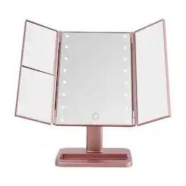 Pacoar Cade - Tri Fold Mirror Magnifications And Lights Lighted Makeup Touch Control Mirror Mirror Makeup - Rose Gold