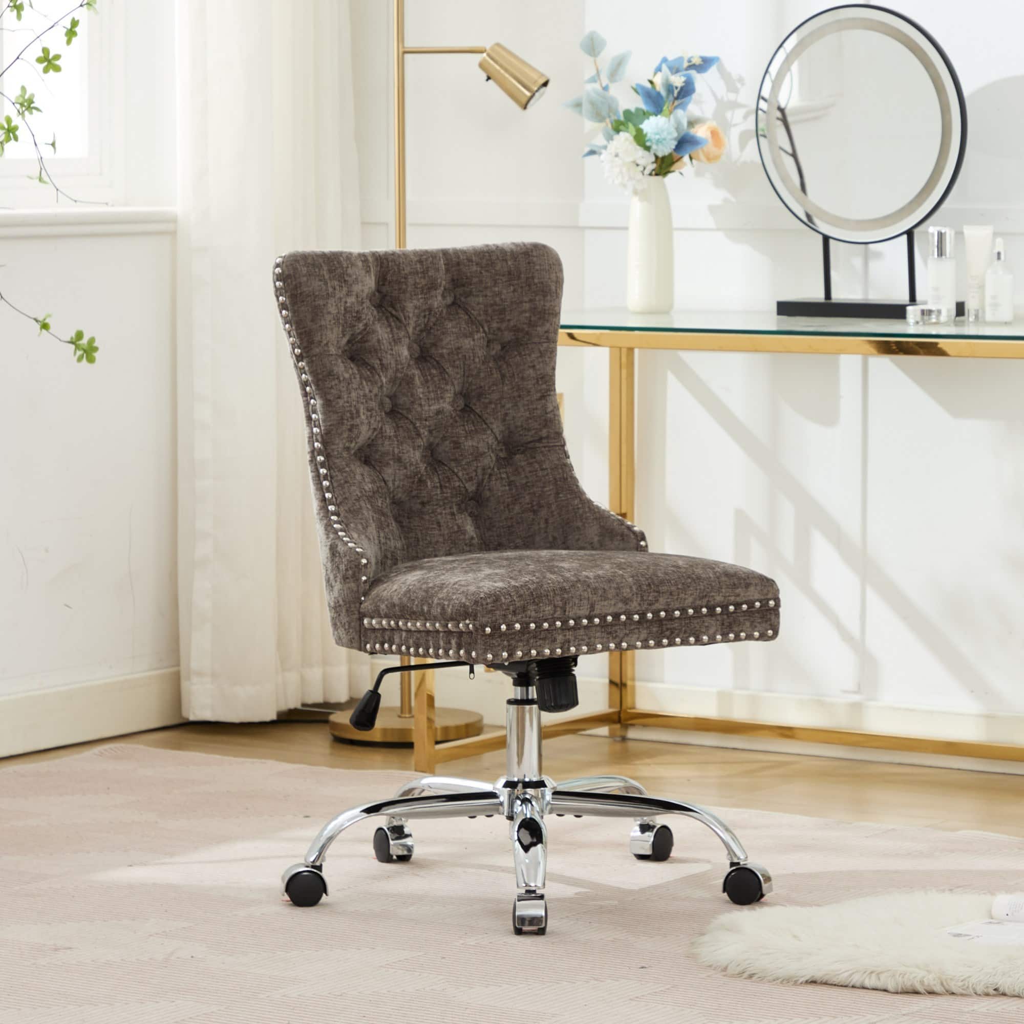 GOODSILO - Modern Chenille Upholstered Office Chair with Tufted Button Design and Chrome Metal Base for Home Office Workspace - Gray
