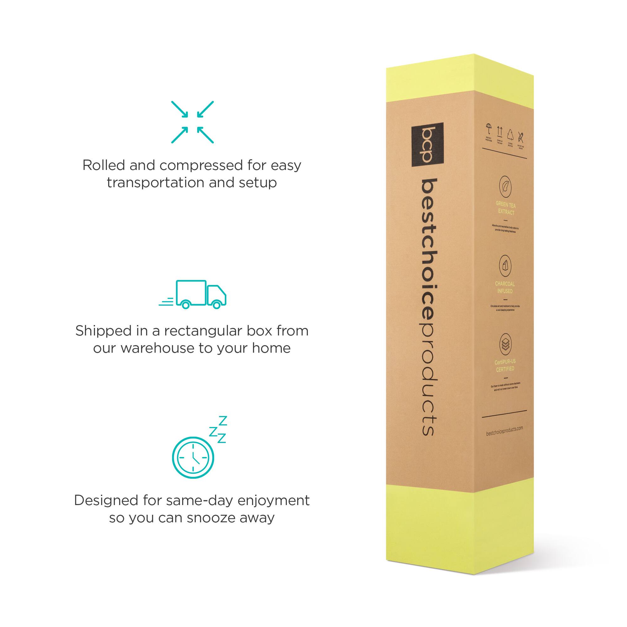 - Rolled and compressed for easy transportation and setup
- Shipped in a rectangular box from our warehouse to your home
- Designed for same-day enjoyment so you can snooze away

bestchoiceproducts.com