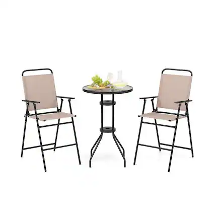 Front. Pefilos - 3 Pieces Outdoor Bistro Set, Deluxe Outdoor Backyard Patio with Seat and Back Cushions-Gray - Beige.