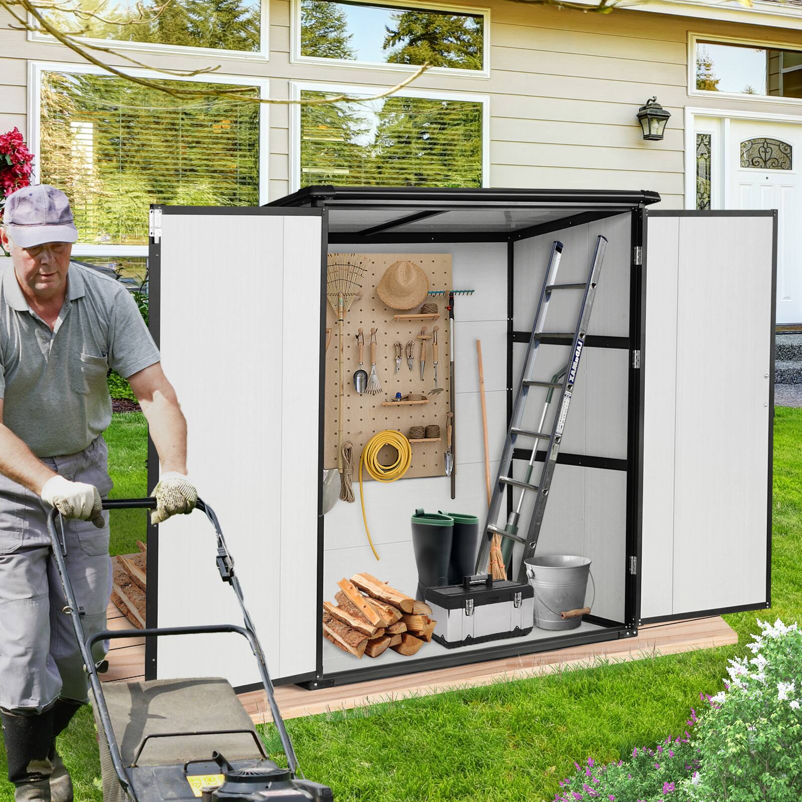 Left. Mondawe - 5x3FT Outdoor Storage Shed Waterproof Resin Cabinet with Lockable Doors - Black.