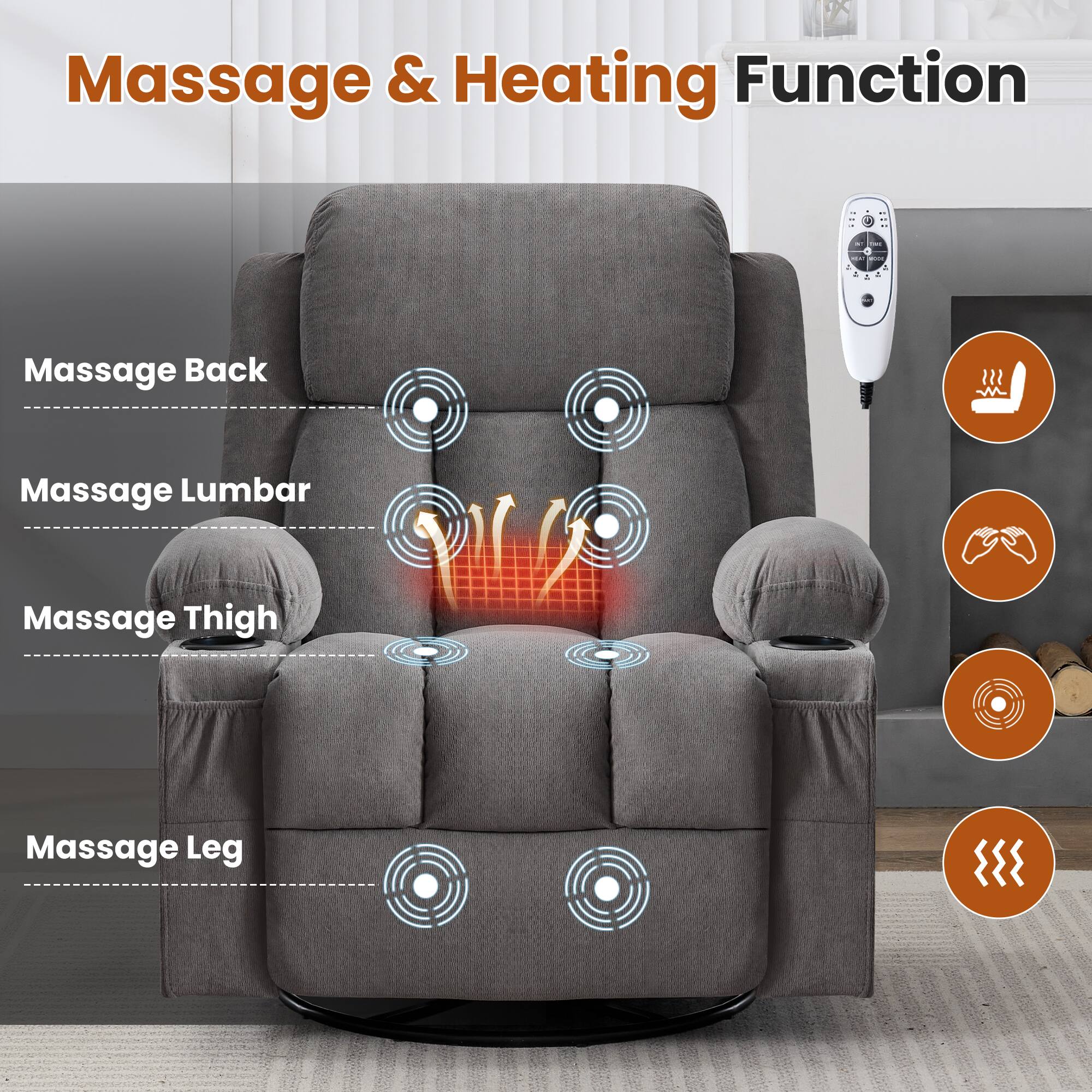 Massage & Heating Function

- Massage Back
- Massage Lumbar
- Massage Thigh
- Massage Leg