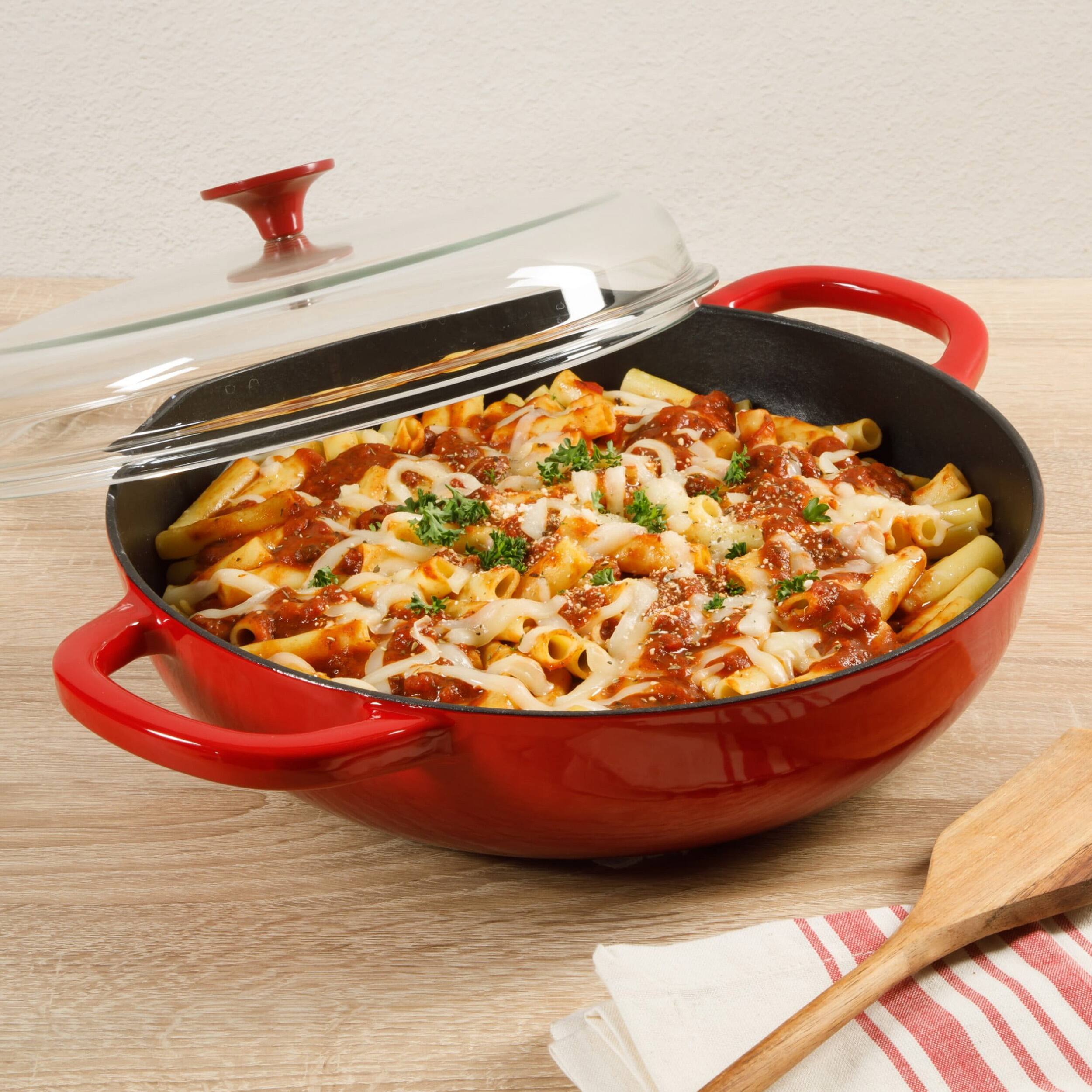 Alt View 6. Crockpot - Crock Pot 5 Quart Enameled Cast Iron Multi Use Everday Pan With Borosilicate Lid in Red - Red.