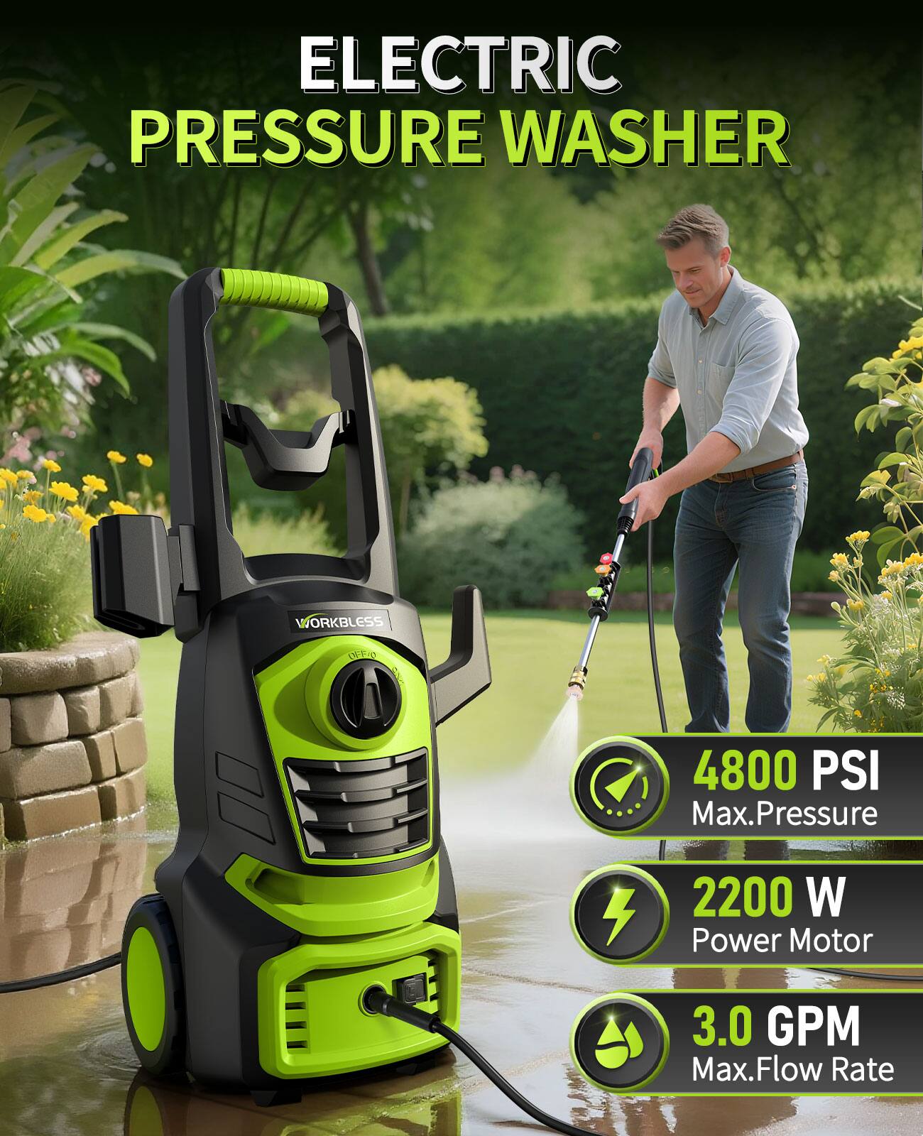 ELECTRIC PRESSURE WASHER  
WORKLESS  
4800 PSI Max. Pressure  
2200 W Power Motor  
3.0 GPM Max. Flow Rate