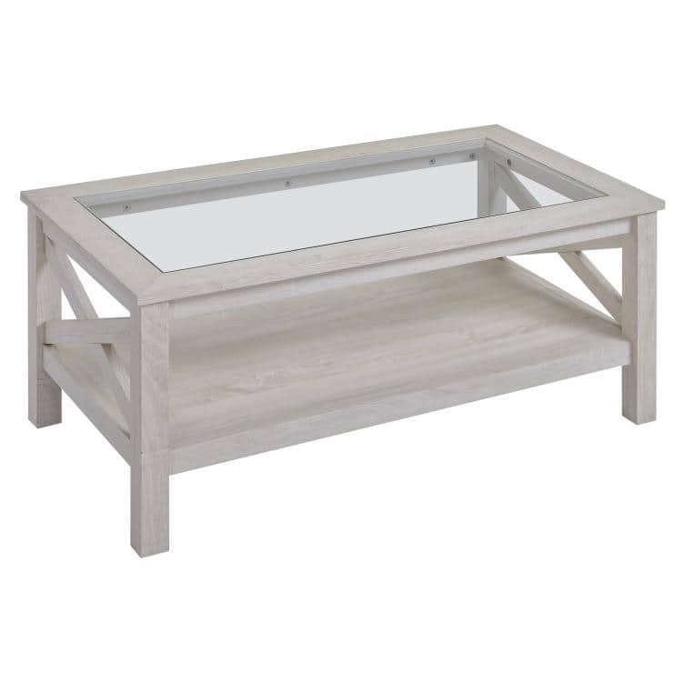 PULUZ - Coffee Table with Tempered Glass Tabletop, Living Room Table with Wood Frame and Underneath Storage Shelf - White Oak