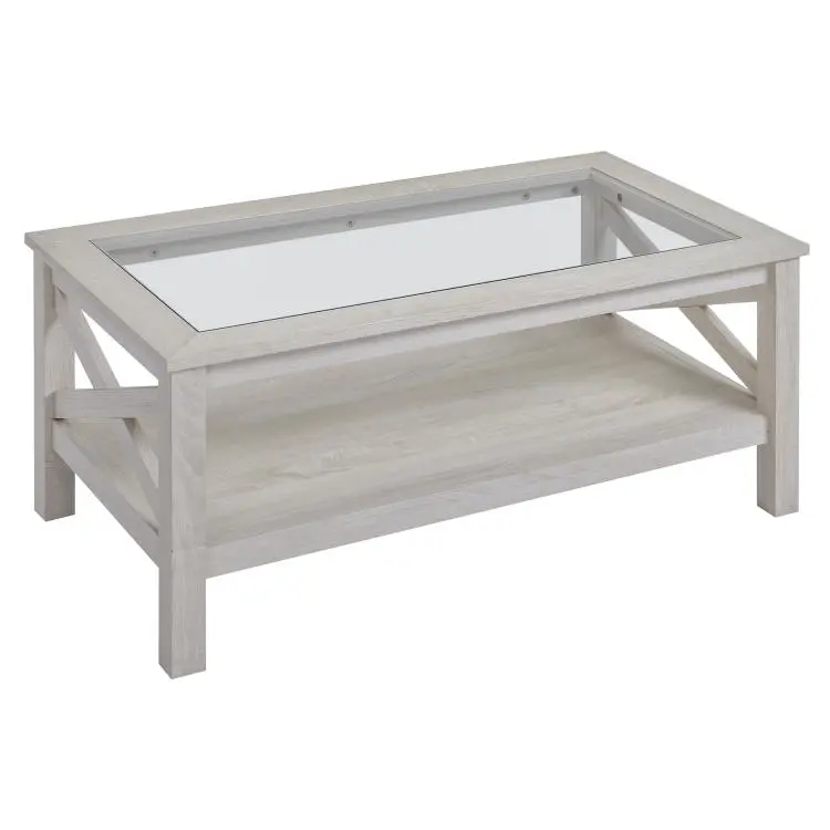 Front. PULUZ - Coffee Table with Tempered Glass Tabletop, Living Room Table with Wood Frame and Underneath Storage Shelf - White Oak.
